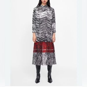 ZARA ANIMAL ZEBRA PRINT FLOATY CONTRAST DRESS BLACK/WHITE/RED SIZE LARGE